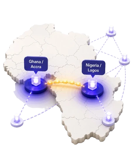 Ghana (Accra) and Nigeria (Lagos) as the live delivery corridors on a stylised West Africa map, with further regions dimmed.